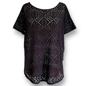 Calypso St Barth Womens Top XS Black Laser Cut Crochet Shirt Beach Cover Up Tee